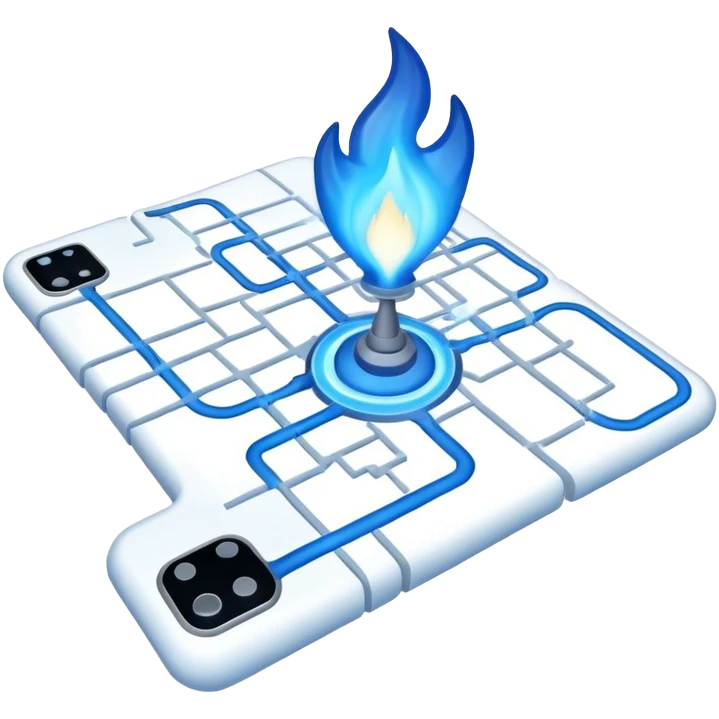 a map with a glowing blue flame on the x and networking paths emoji