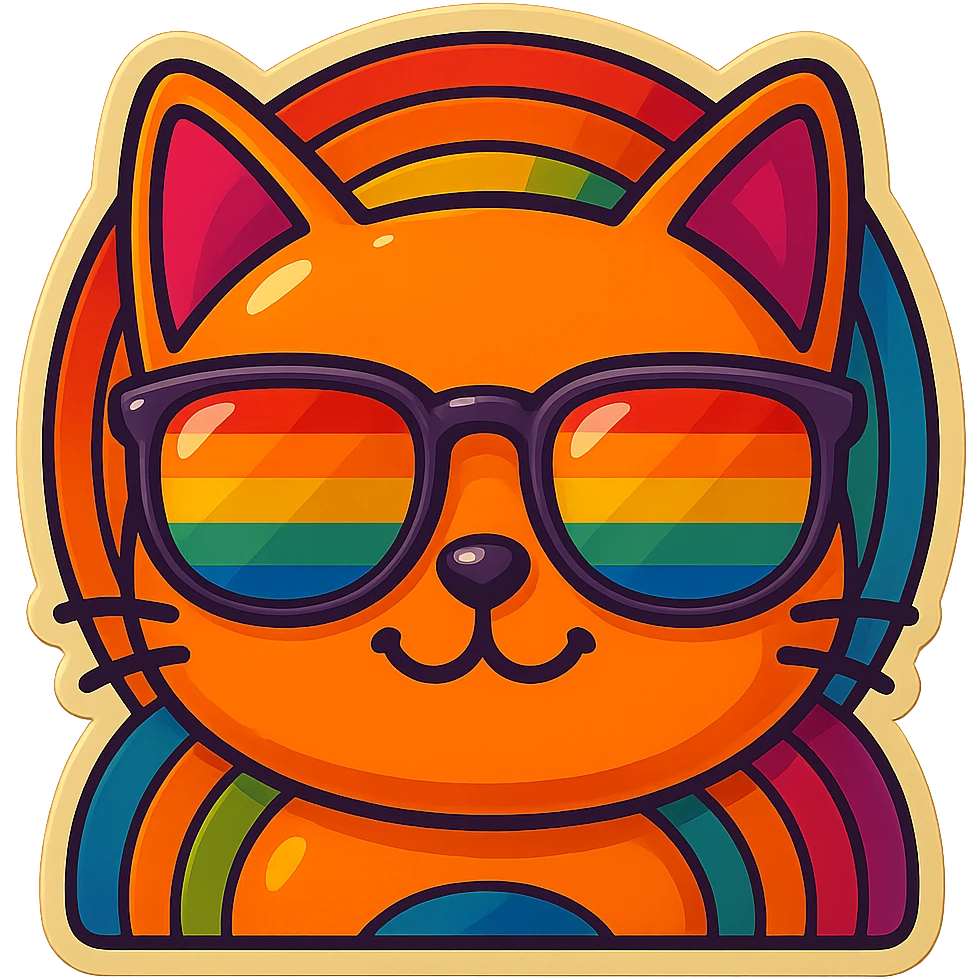 Make the cat smile, keep the same retro stickers aesthetic, rainbow sunglasses, and vibrant colorful background. emoji
