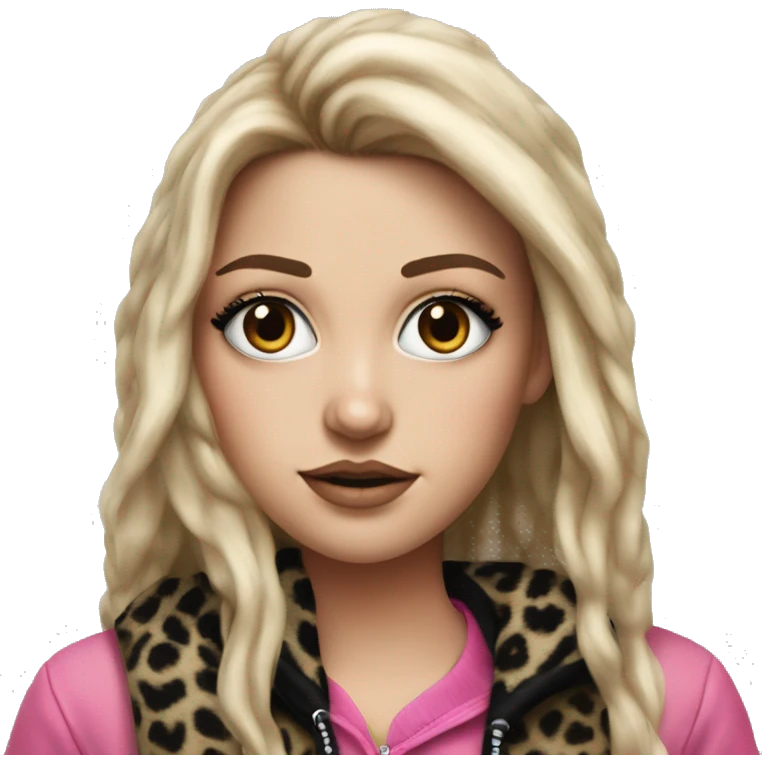Hyperrealistic white girl with long black hair with a pink fringe and has eye makeup on, she is wearing a black and leopard print hoodie  emoji