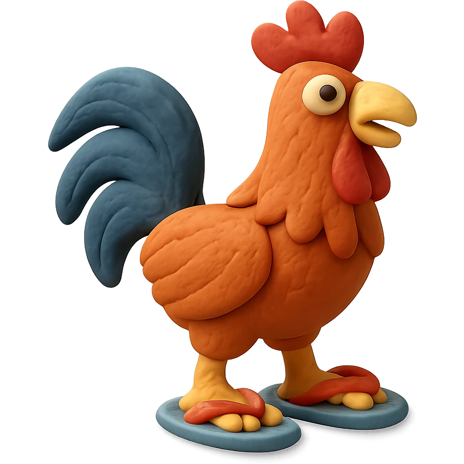 claymation style a rooster wearing flip-flops emoji