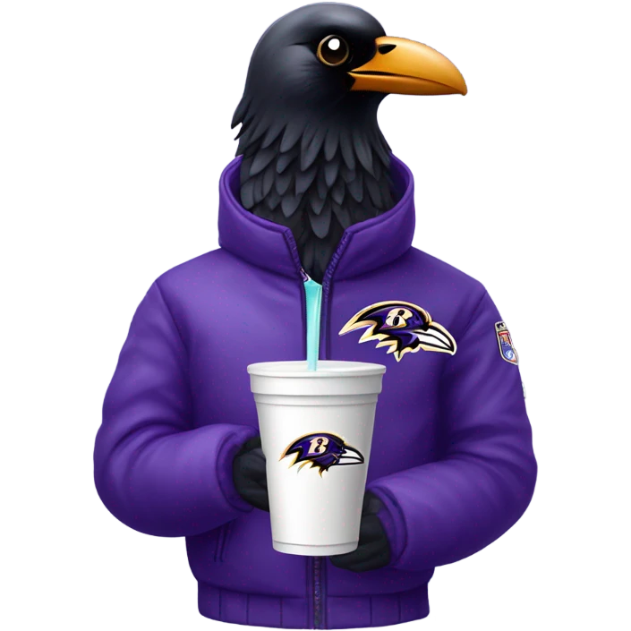 baltimore ravens logo raven in puffer jacket holding white styrofoam cup the cup is dripping purple juice the ravens wearing skinny jeans emoji