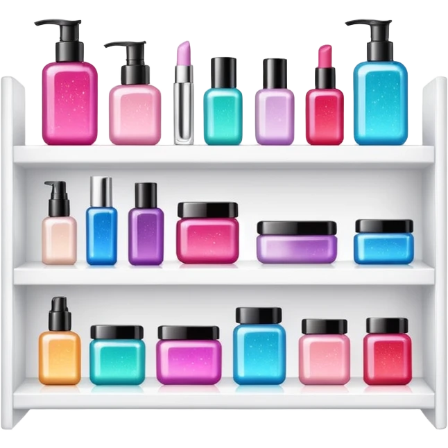 single white shelf with few beauty products and sparkles emoji