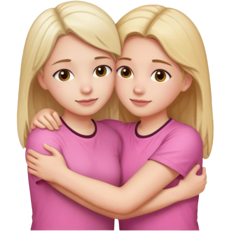 2 girls hugging each other. One is wearing white shirt and the other is wearing pink emoji