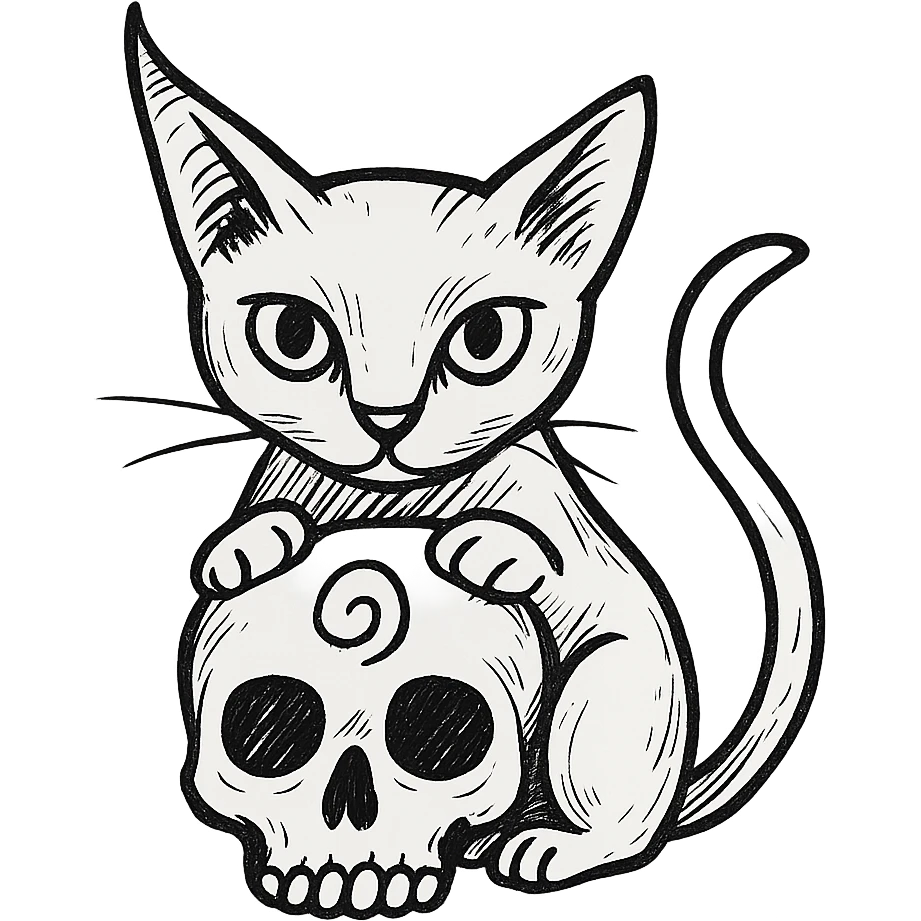 Fix the cat's tail and ear for a more natural look, and return the cat's front paws to the top of the skull. Keep the realistic hand drawn style with dynamic black outlines and no fill. Preserve the charm on the horn, the cat's green eyes, and the red spiral on the skull. Transparent background. emoji
