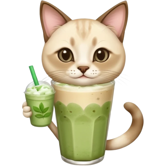 Happy Siamese Cat holding in its paws an iced matcha latte emoji