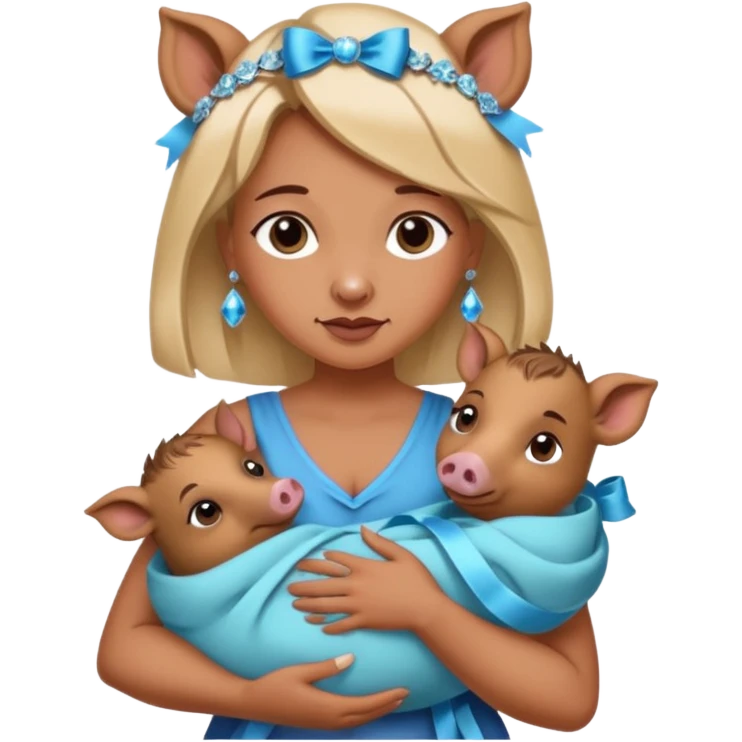 woman holding baby boars with ribbons and crystals emoji