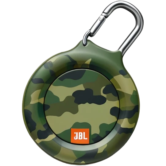 Minimalist JBL Clip 4 speaker with accurate circular shape and integrated carabiner clip at top, green camouflage pattern, iOS emoji style emoji
