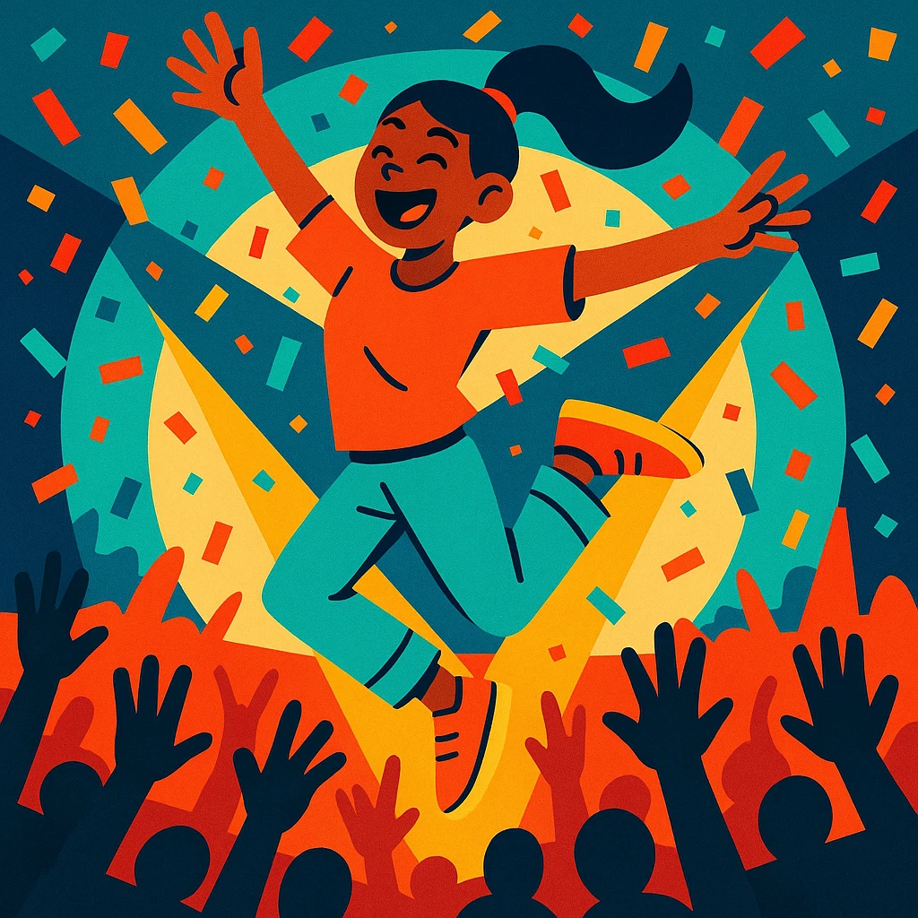 a single dancer jumping with joy at a concert with confetti and hands in the air, dynamic style emoji