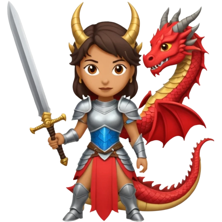 Fierce Latina in armor with a sword after a battle cutting off the head of a dragon emoji