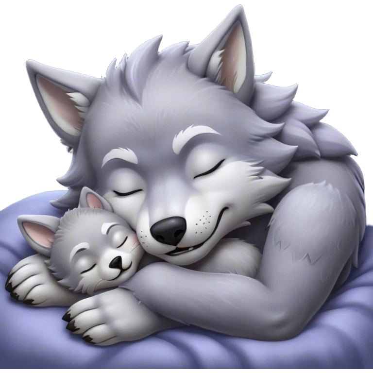 Meme-Worthy Cute Sleeping Werewolf Portrait Emoji, with a cuddly, miniature lupine form in soft moonlit grays and silvers, head resting peacefully with gently closed dreamy eyes and a small, content smile, simplified yet irresistibly endearing, highly detailed with a soft glowing outline that captures the cozy, sleepy essence of a werewolf after frolicking under the full moon! emoji