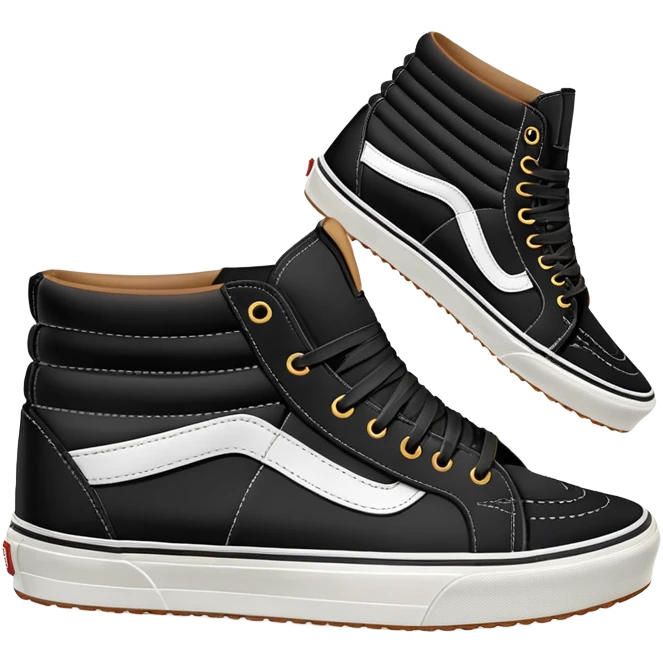 A pair of black Vans Sk8-Hi sneakers arranged with one shoe positioned behind the other, high-top skate shoes with white side stripe and waffle soles emoji