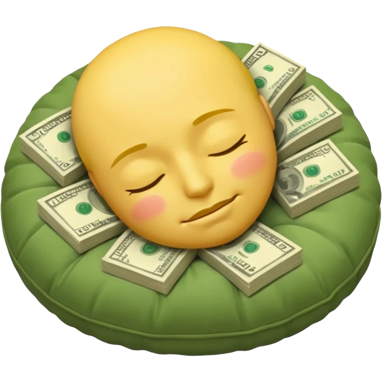 a round yellow IOS style emoji of a face sleeping on a pillow of money emoji