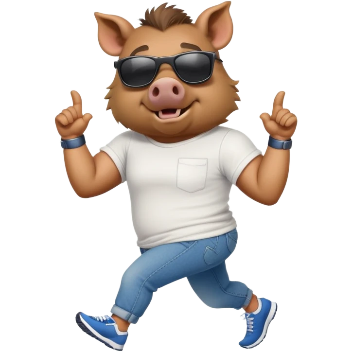 friendly anthropomorphised boar in jeans and a t-shirt, wearing dark sunglasses, jogging upright, relaxed pose emoji