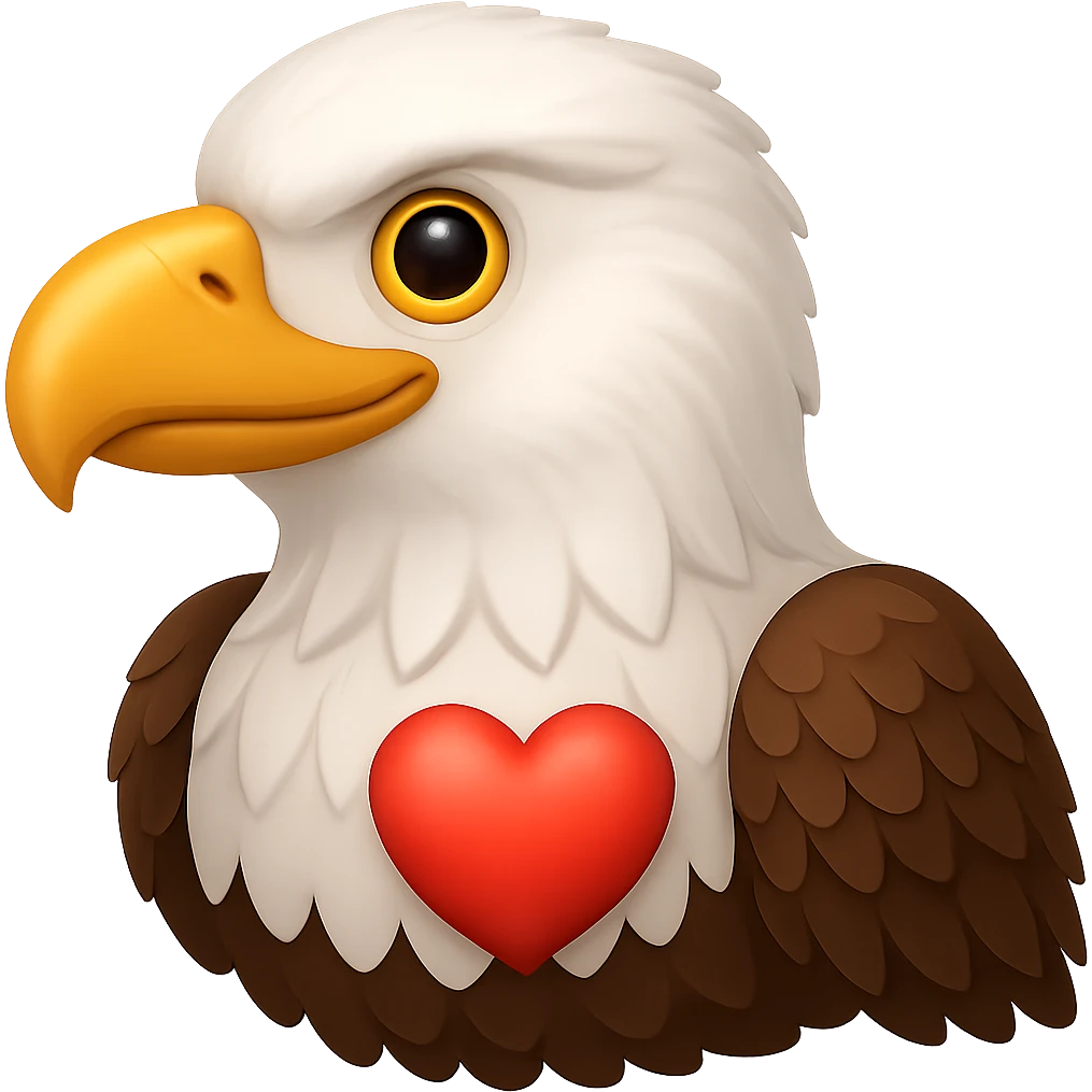 Make the eagle look friendlier while keeping the red heart, preserving the emoji style look. Remove the background. emoji