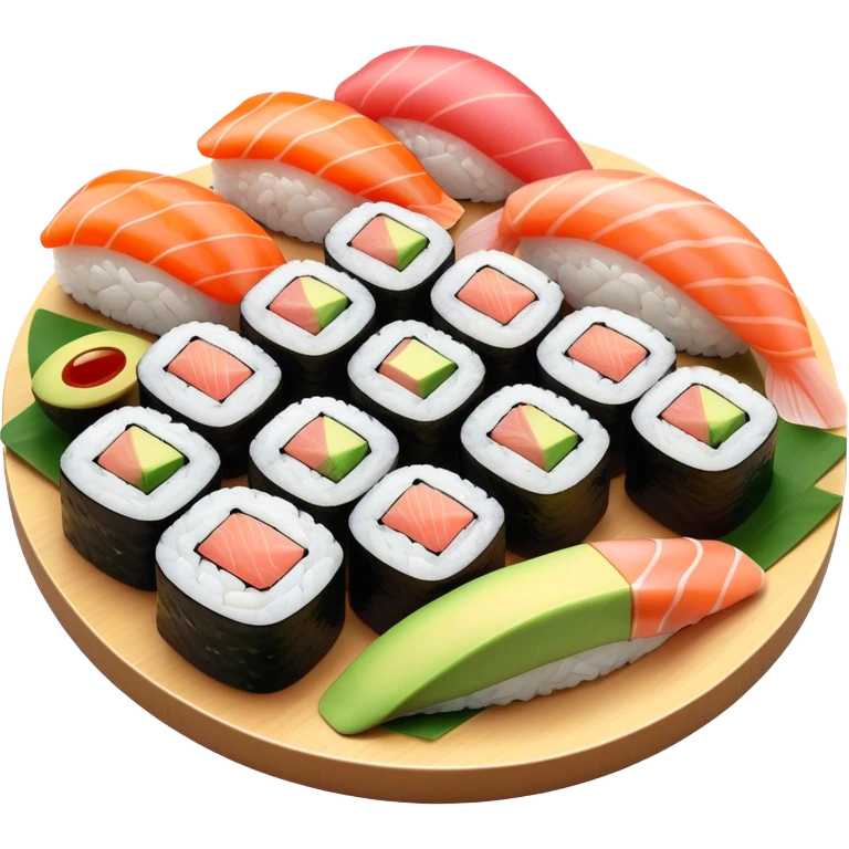Cinematic Realistic Sushi Dish Emoji, depicted as an artful arrangement of fresh sushi with vibrant colors rendered with lifelike textures and delicate, natural lighting. emoji