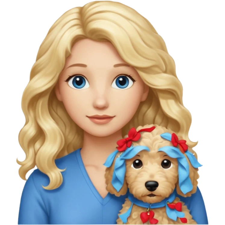 Long blonde hair, blue eyed woman with wavy blond goldendoodle emoji