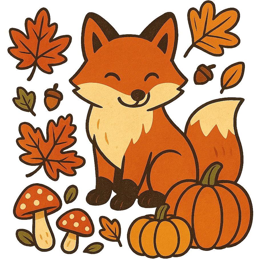 t-shirt design, vector illustration of a fox surrounded by autumn elements (fallen leaves, acorns, mushrooms, pumpkins), warm autumn color palette (orange, red, yellow, brown), clean bold lines, detailed but stylized, centered composition, no background, isolated graphic, modern flat style emoji