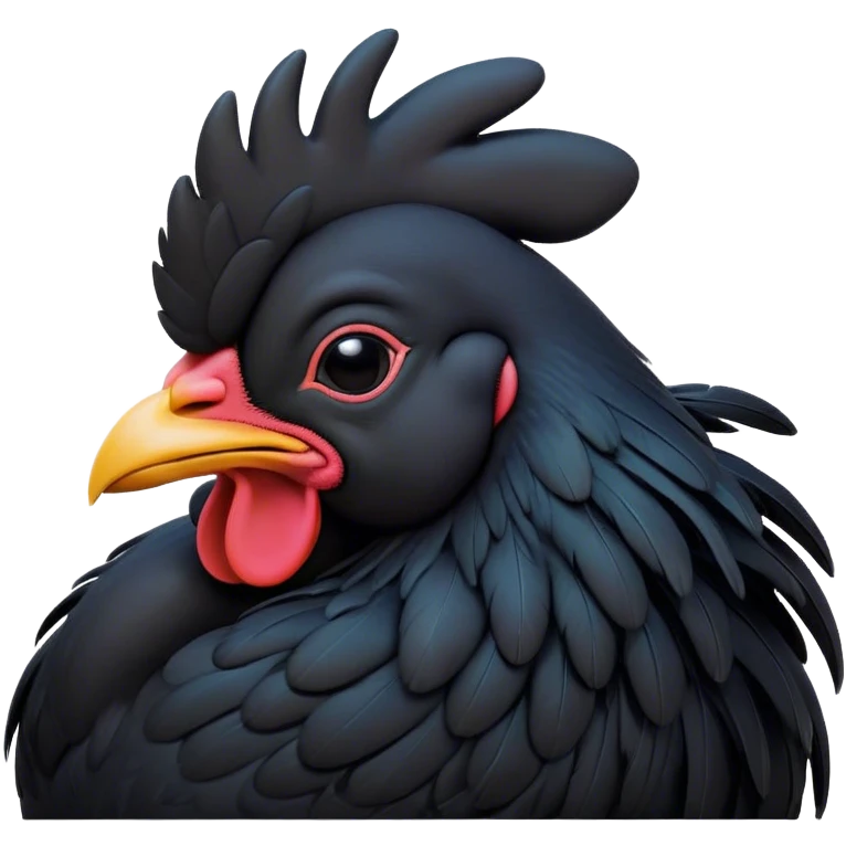 Meme-Worthy Cute Sleeping Black Rooster Portrait Emoji, Head resting peacefully with a contented smile, showcasing a robust build and a luxuriously soft pure black plumage, eyes shut in a serene, restful nap, Simplified yet hilariously adorable features, highly detailed, glowing with a soft, drowsy light, high shine, relaxed and utterly lovable, stylized with an air of playful laziness, bright and heartwarming, soft glowing outline, capturing the essence of a comically sleepy rooster, so meme-worthy it feels like it could instantly become the next viral sensation of adorable slumber! emoji