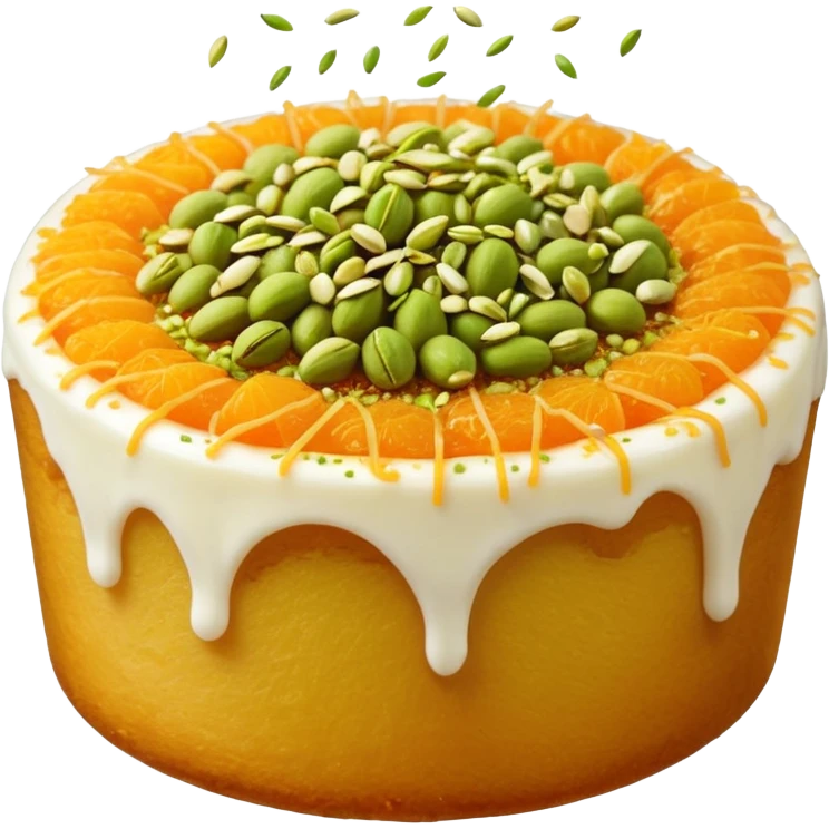 A small round emoji of traditional kanafeh with golden-orange crispy threads, a gooey white cheese center, and a light sprinkle of green pistachios. Warm and delicious-looking. emoji