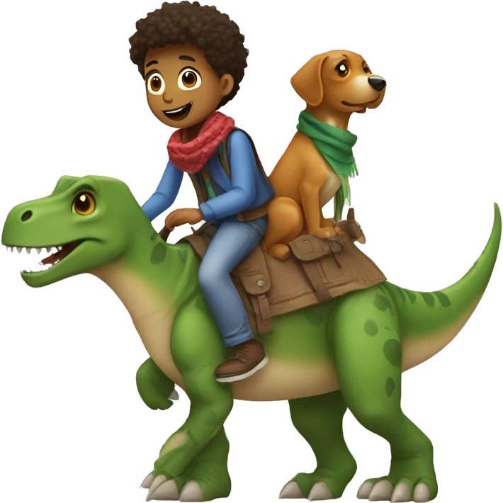 boy with a scarf and a dog riding a dinosaur emoji