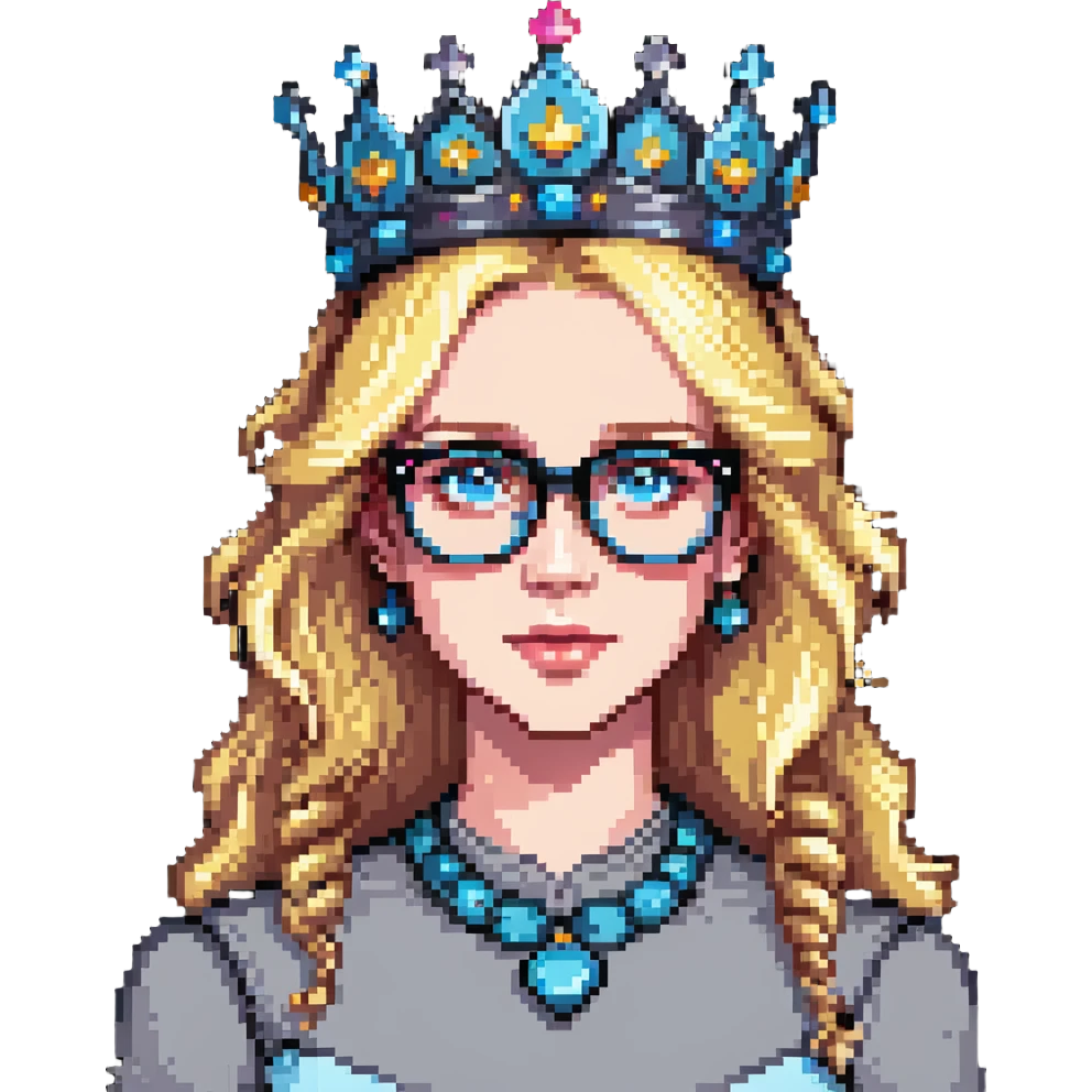 beautiful princess with blonde hair, bright blue eyes, wearing stylish glasses and a crown emoji