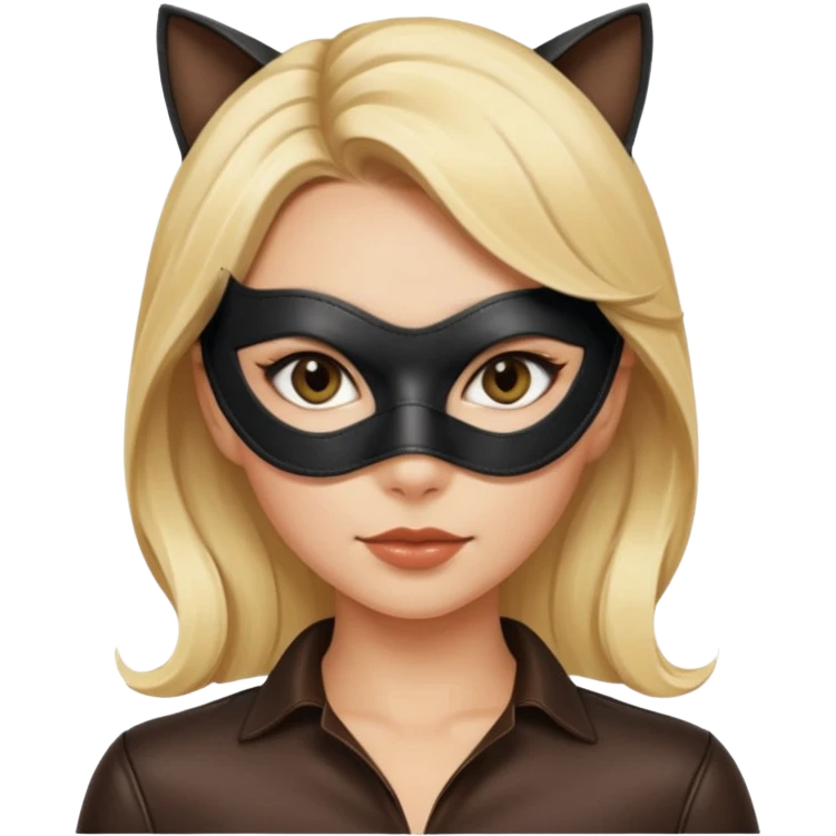 blonde woman with leather cat eye mask and leather blouseü emoji
