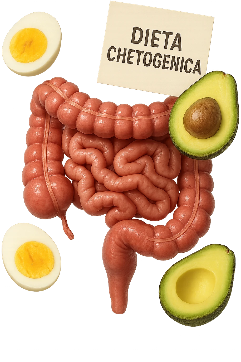 intestino umano anatomico con uova sode e avocado che gli fluttuano intorno insieme ad un foglio con la scritta "DIETA CHETOGENICA" CHE FLUTTUA IN ARIA emoji