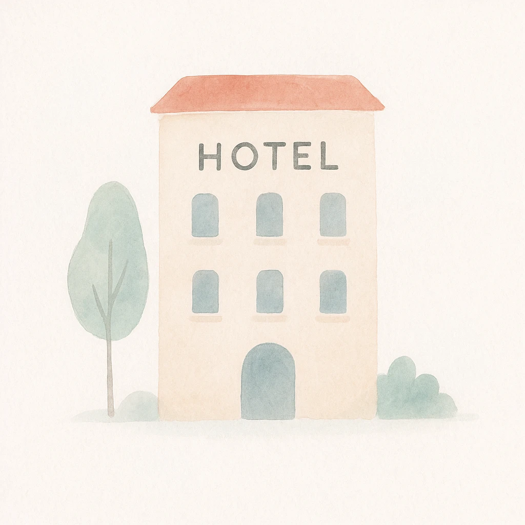 soft watercolor illustration in a minimalist modern style, pastel colors, delicate linework, gentle whimsical mood, minimal soft shading, hotel building emoji