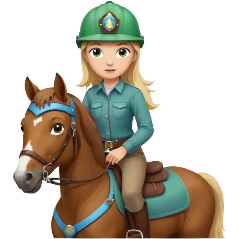 una ragazza bionda con occhi azzurri/verdi sopra un quarter horse con criniera marrone emoji