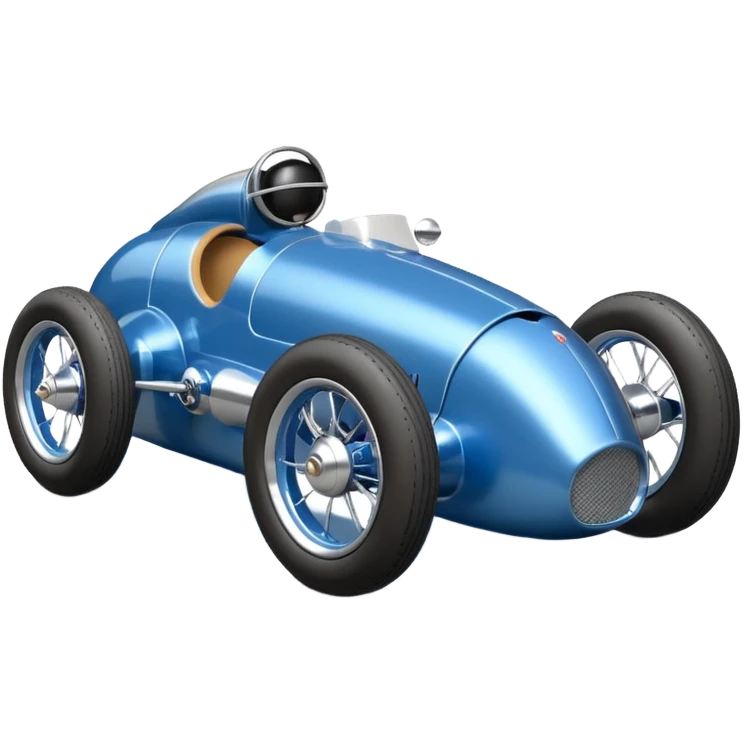  Metallic blue and lightly chrome-accented Antique-looking  kid-sized race car for teddy bear with custom aero body and rear wing and motorcycle wheels  emoji