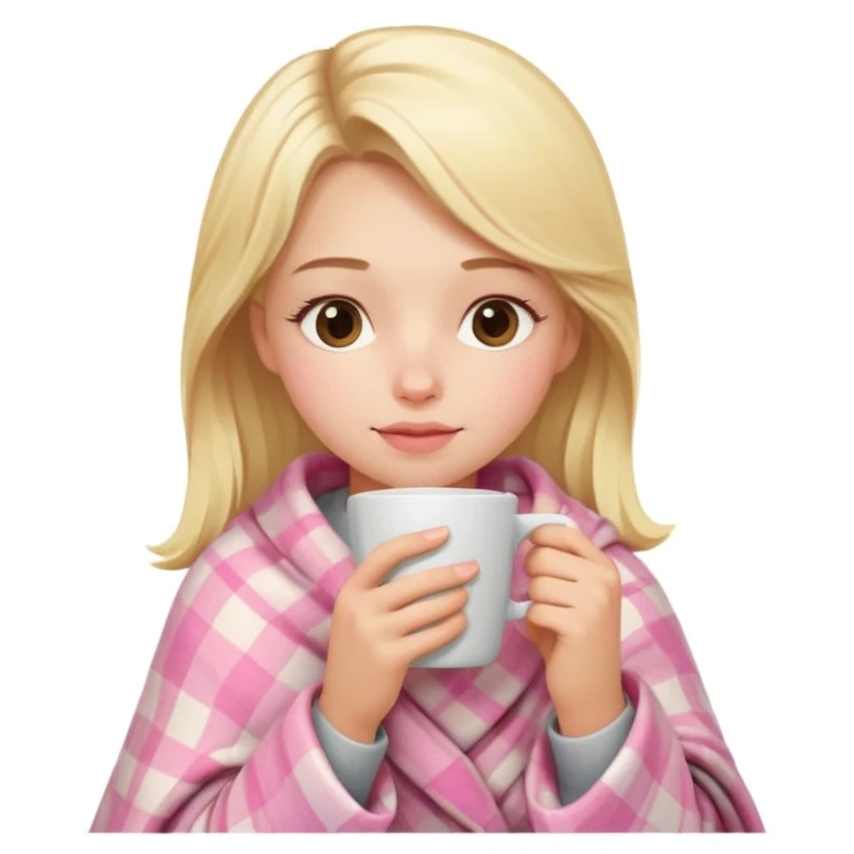 cute blonde girl wrapped in pastel pink plaid blanket drinking coffee emoji
