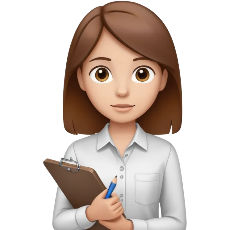 Intern or volunteer with brown hair holding a clipboard and pencil, ready to take notes or assist. The character wears a simple shirt and has an eager posture emoji
