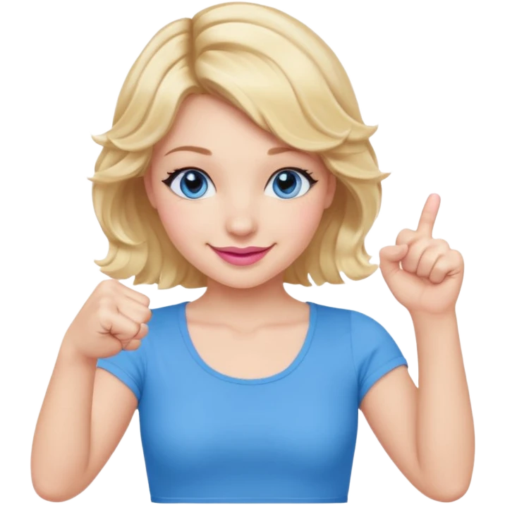 Girl Blonde short wavy hair,  blue eyes, cute blue top, long lashes, pink lips, smiling, fist bump emoji
