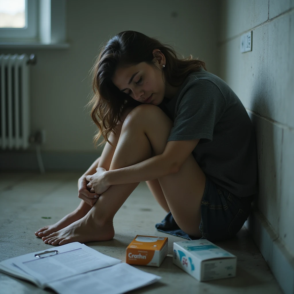 hyperrealistic 4K image of a woman sitting on the bathroom floor, head resting on knees, hot water bottle in arms, medical reports with 'Crohn' and discarded biologic drug box in foreground, visible dark circles emoji