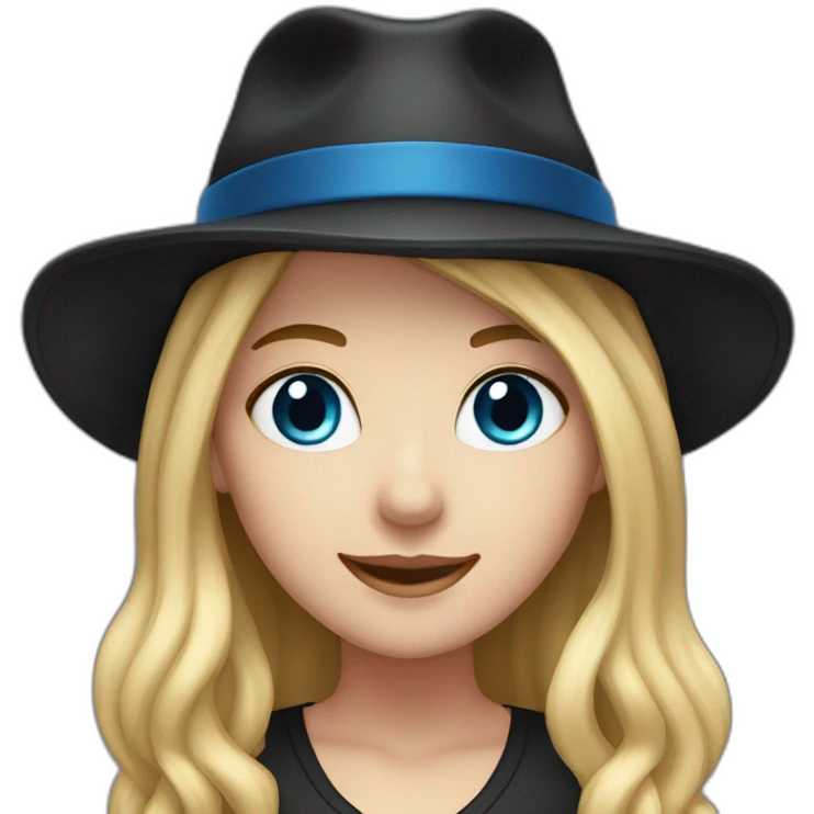 White Girl with long blond hair and with blue eyes and a black hat smiling emoji