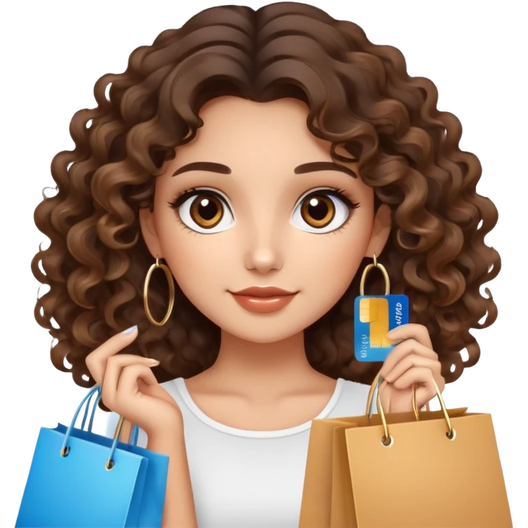 cute girl long brunette balayage curly/wavy not voluminous hair, brown eyes, hoop earrings, natural pretty clean makeup: holding a credit card and lots of shopping bags emoji