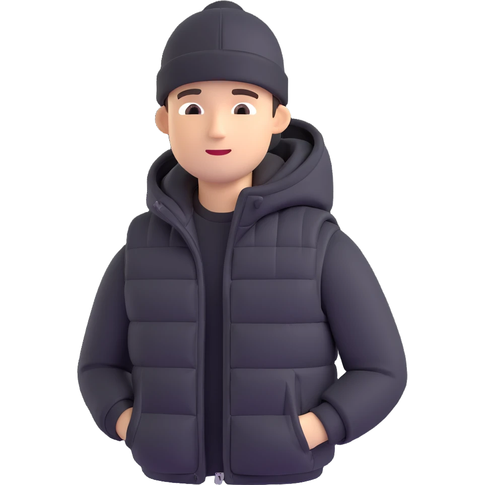 A guy in a hat, black hoodie, and a puffer vest emoji
