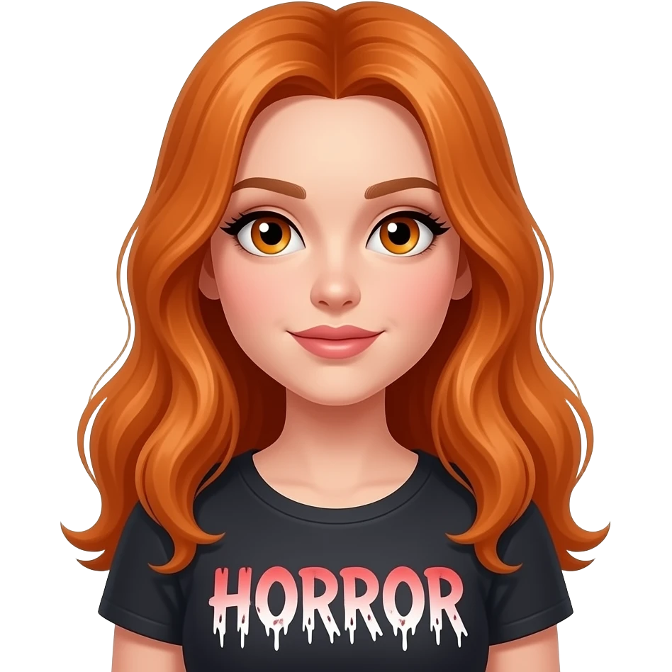 sexy girl with long ginger hair and ginger eyes a top with HORROR written on it emoji