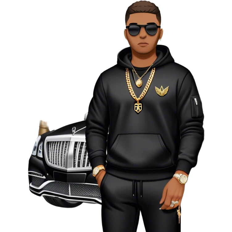 Man living his dream, standing outside his Maybach GLS 600 wearing a Palm Angels Sweatsuit & an Audemars Piguet on his wrist with a diamond Cuban link chain around his neck emoji