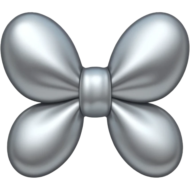 A cute bow emoji made of polished silver chrome, smooth rounded loops, glossy metallic surface, soft mirror reflections, subtle highlights, minimal and adorable proportions, iOS emoji style, centered composition, clean white background, soft studio lighting, no text, no outline, ultra high quality emoji