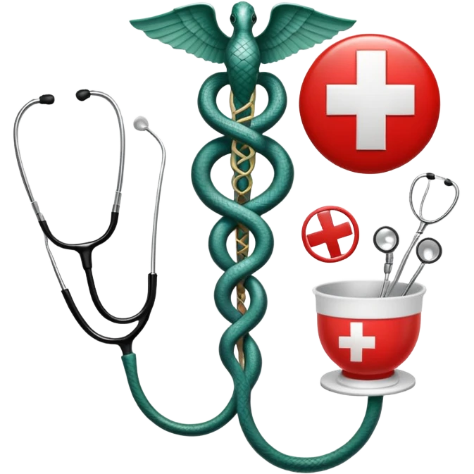 An icon featuring a caduceus (a bowl with a snake), a red cross, and a stethoscope, symbolizing medicine. The design includes medical tools and symbols, representing healthcare, diagnosis, and healing practices. Transparent background highlights the profession and study of medicine. emoji