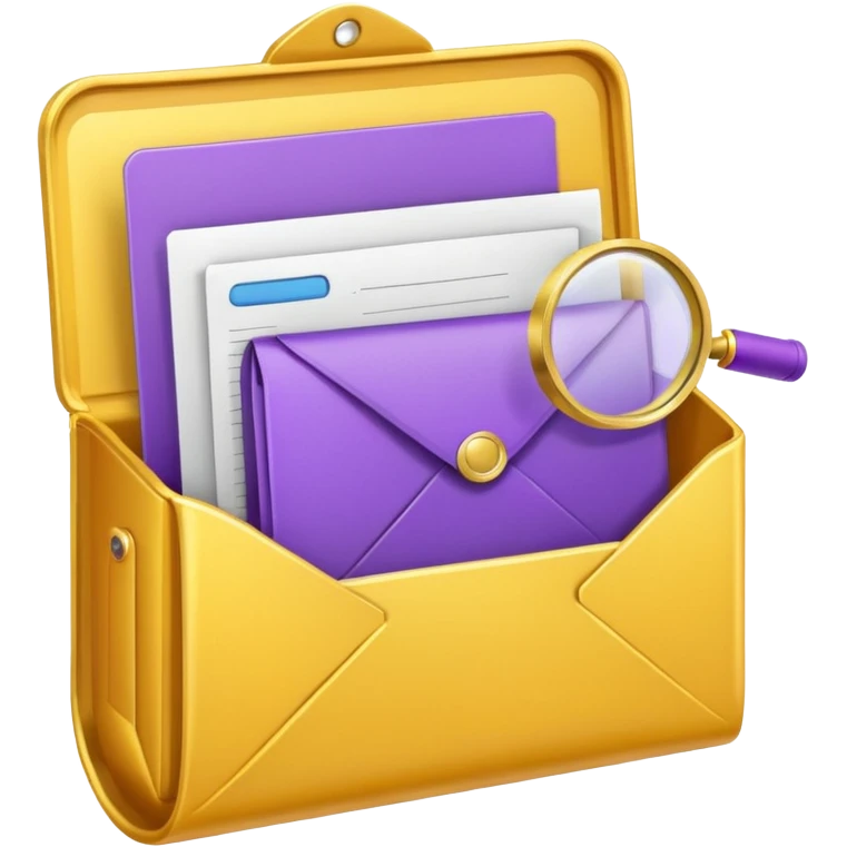yellow (hex#FFD008) and purple (hex#8C52FF) emojis of a pin, a working case, a folder, a magnifier, an email, an envelope emoji