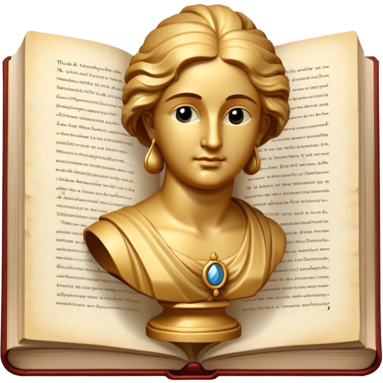 An icon featuring a classical bust, a book, and a question mark, symbolizing philosophy. The design includes a scroll with ancient text, evoking deep thought and intellectual inquiry. Transparent background highlights the search for knowledge and meaning emoji