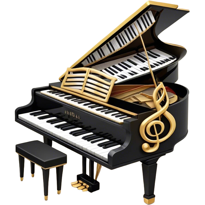 Create a sophisticated and celebratory emoji collage representing keyboard instruments, designed in the style of a coat of arms or crest. The design should feature a central, surrounded by a ribbon of musical notes. The ribbon should intertwine with a second ribbon made of black-and-white piano keys, creating a flowing, symmetrical pattern. Include delicate, elegant details such as the pedals of the grand piano, intricate woodwork, and the glossy, polished surface of the instrument. The musical notes should be swirling around the design in a harmonious, festive arrangement. Use gold, silver, and rich wood tones to evoke a sense of luxury and professionalism, with the black-and-white keys of the piano adding contrast. The background should remain transparent emoji