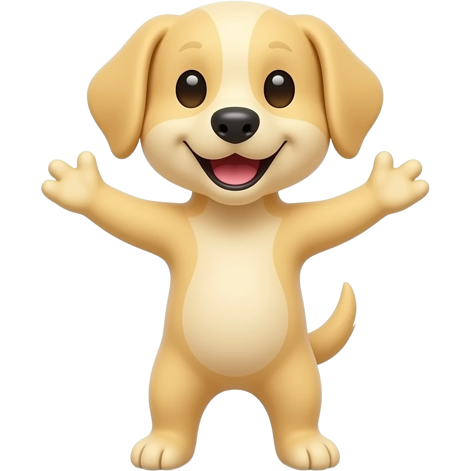 A completely light yellow dog, standing up with legs and arms open like a little person, looking at us with a very happy expression. Its body is completely yellow. emoji