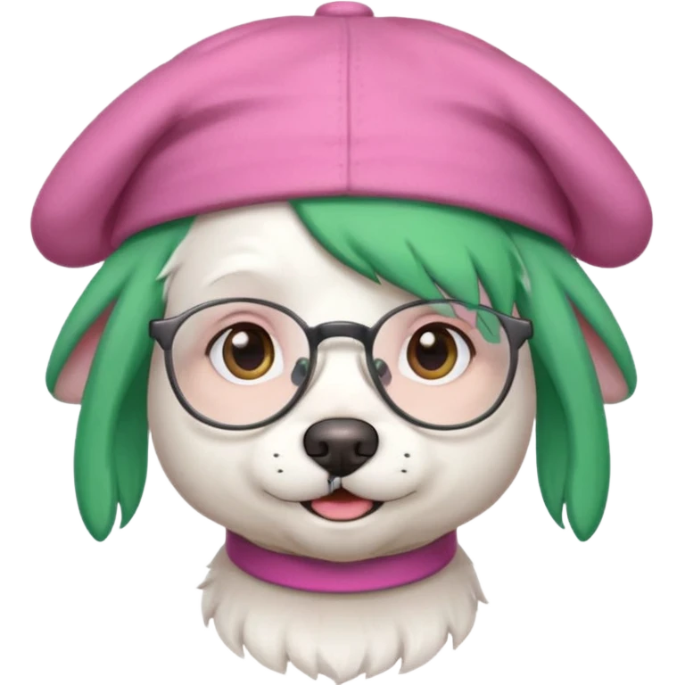 fully white dog, green haired, glassess and a pink hat emoji