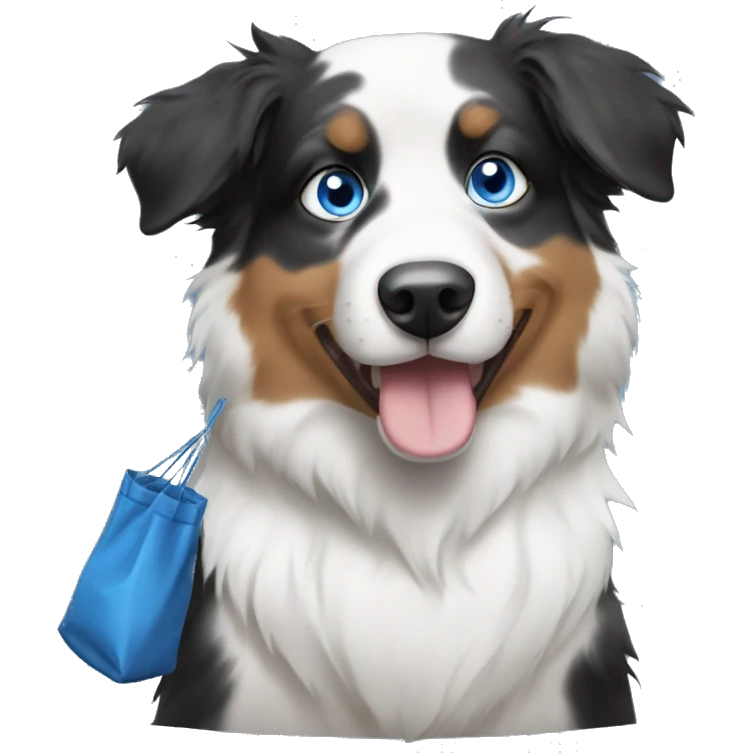 black and white australian shepherd with blue eyes holding a bag of poop emoji