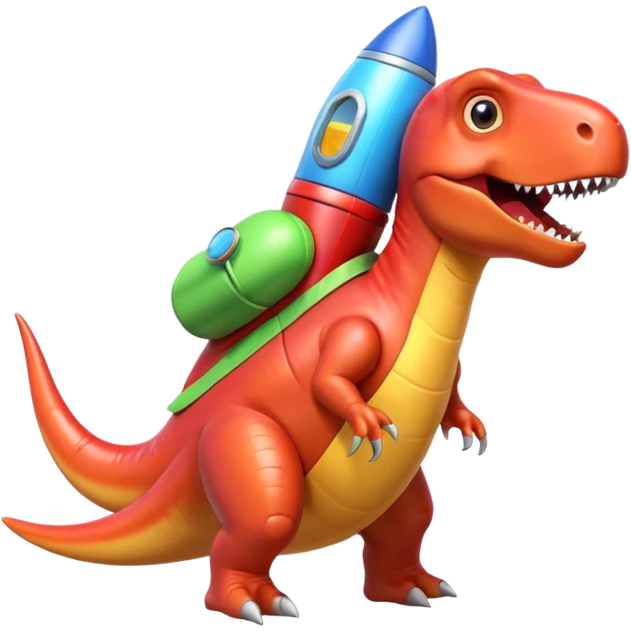cute toy-like rocket-propelled dinosaur, rounded shapes, glossy texture, colorful rocket backpack, happy expression, 3D cartoon, mobile game icon style, clean background, no text, no watermark
 emoji