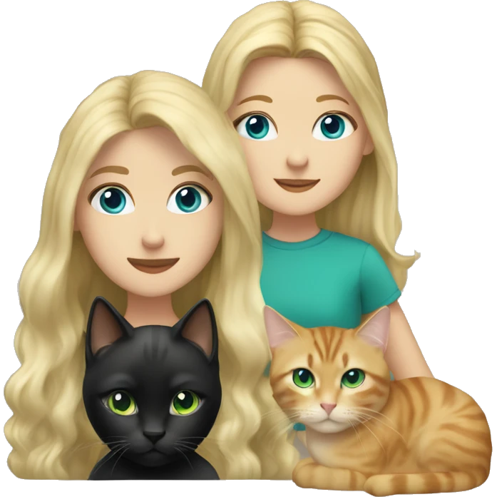 girl , blue eyes, with flowing blond hair and black tabby cat with green eyes emoji