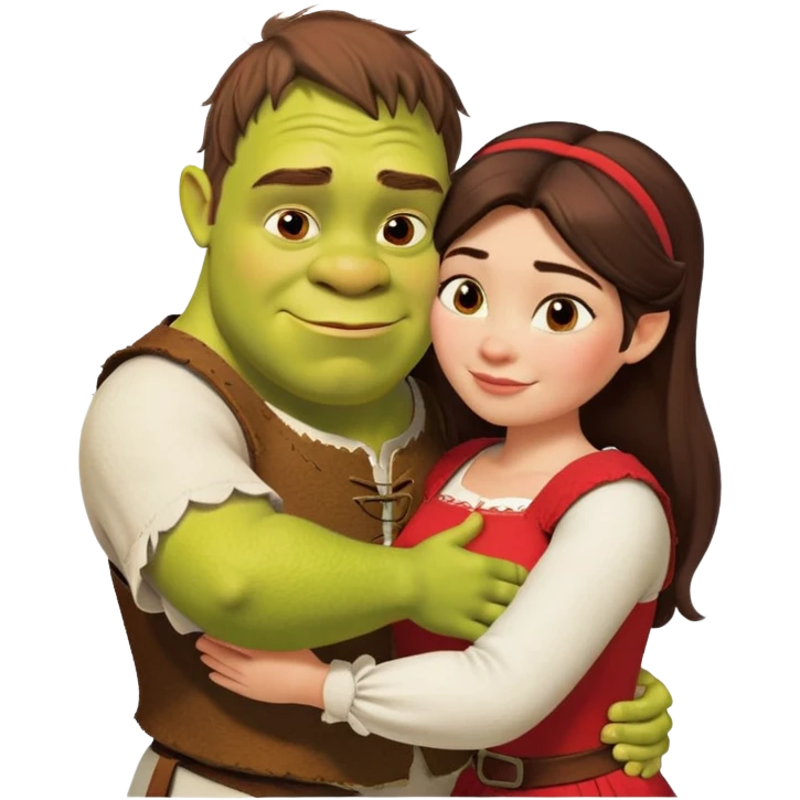Shrek and Fiona are hugging themselves. They both have long dark brown hair. Fiona has a white shirt and Shrek has red shirt.  emoji